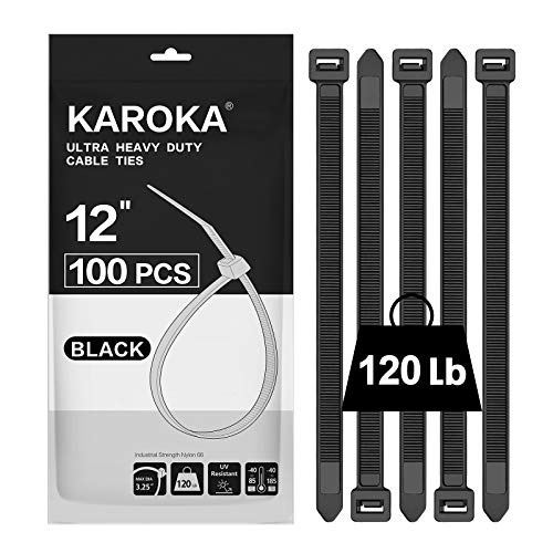 Karoka Zip Ties 12 inch Heavy Duty Zip Ties with 120 Pounds Tensile Strength, Black Cable Ties, 100 Pieces,by Karoka - Image 1