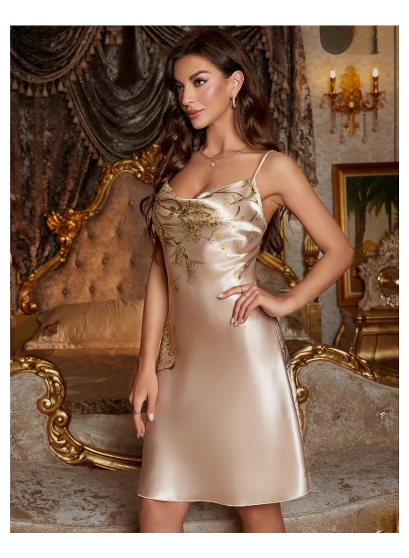 Night Gown for Women Floral Print Elegant Satin Sleepwear Night Dress for Ladies