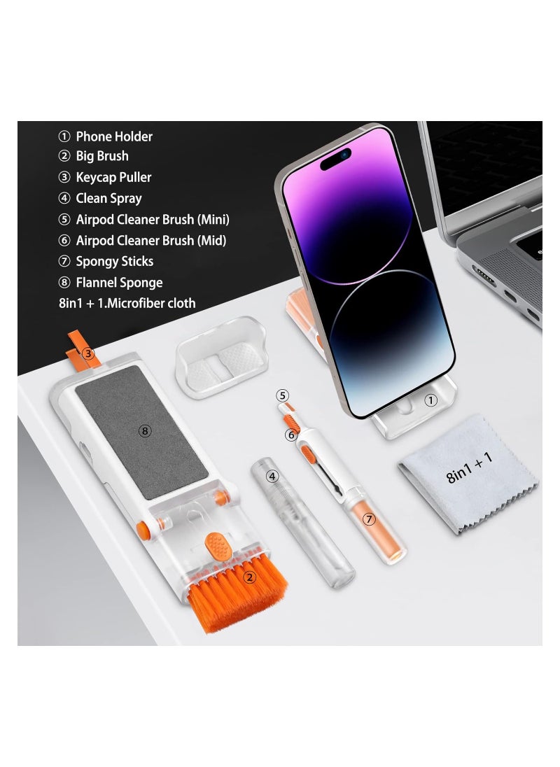 8 in 1 Laptop Screen Keyboard Cleaner Kit, Electronic Cleaning Brush Kit with Cell Phone Stand, Cleaning Tool for Computer/AirPods Pro/iPhone/iPad/MacBook/Earphone/PC with 2ml Mist Spray