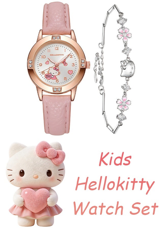 Hello Kitty 2Pcs Hello Kitty Wrist Watch Jewelry Gift Set,Pink Leather Analog Quartz Watch with Matching Hello Kitty Flower Bracelet, Cute Casual Dress Watch for Girls Women Daily Party Birthday Present - Image 1