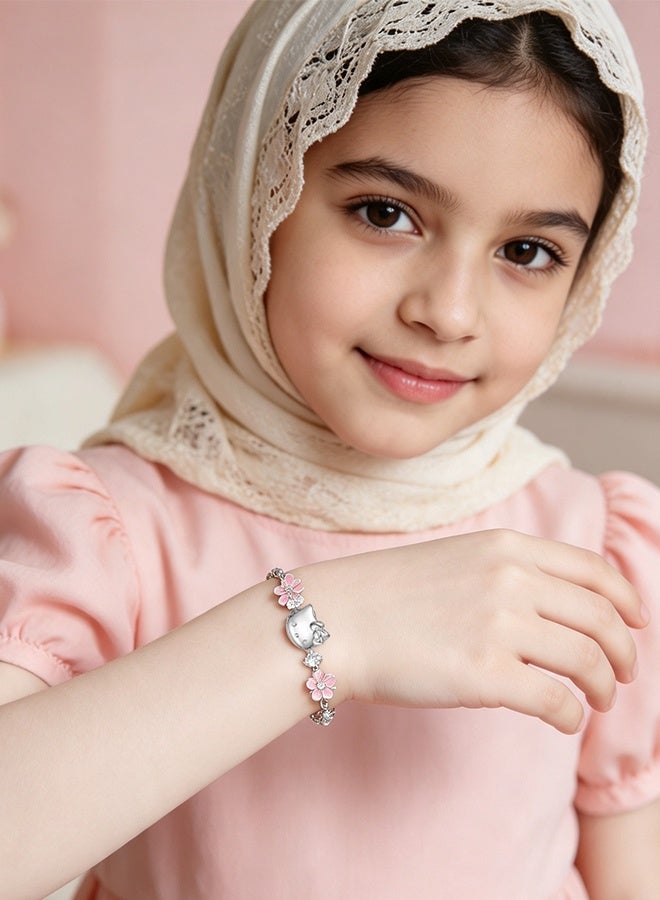 Hello Kitty 2Pcs Hello Kitty Wrist Watch Jewelry Gift Set,Pink Leather Analog Quartz Watch with Matching Hello Kitty Flower Bracelet, Cute Casual Dress Watch for Girls Women Daily Party Birthday Present - Image 3