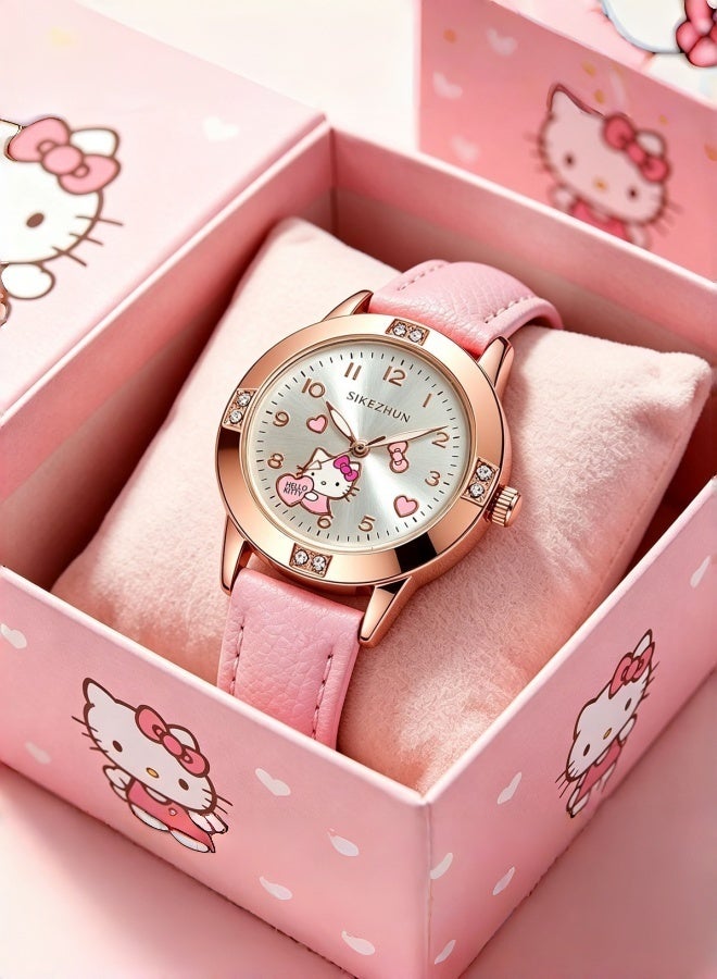Hello Kitty 2Pcs Hello Kitty Wrist Watch Jewelry Gift Set,Pink Leather Analog Quartz Watch with Matching Hello Kitty Flower Bracelet, Cute Casual Dress Watch for Girls Women Daily Party Birthday Present - Image 4