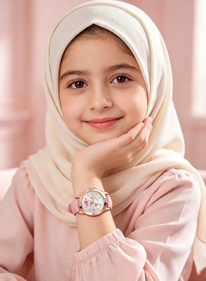 Hello Kitty 2Pcs Hello Kitty Wrist Watch Jewelry Gift Set,Pink Leather Analog Quartz Watch with Matching Hello Kitty Flower Bracelet, Cute Casual Dress Watch for Girls Women Daily Party Birthday Present - Image 2