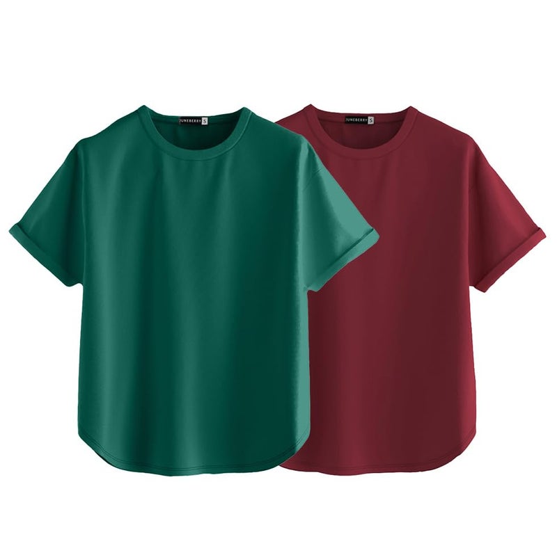 JUNEBERRY® Pure 100% Cotton Oversized Loose Baggy Fit Round Neck with Drop Shoulder Half Sleeves Boyfriend T-Shirt Combo for Women & Girls (PO2_BF_40MR_117GR_L) - Image 1