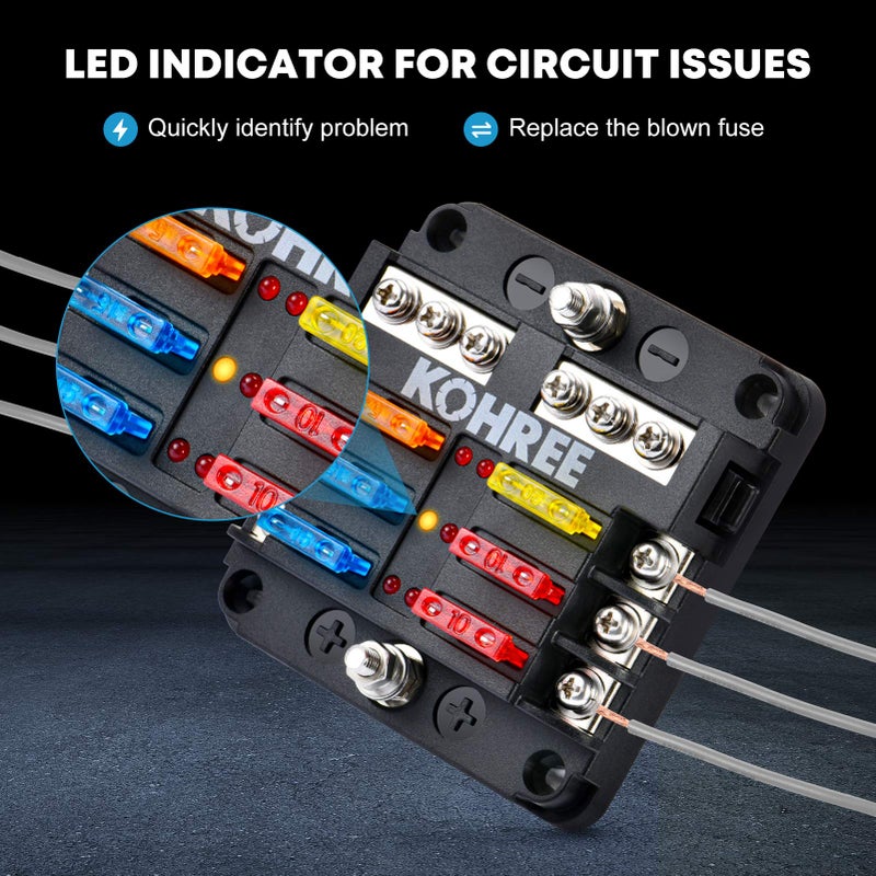 Kohree 6 Way Boat Fuse Block 12V, 12 Volt Marine Fuse Block Waterproof with LED Indicator, Automotive Fuse Box Holder 12V/24V with Negative Bus 30 PCS Fuses Panel for RV, Car, Boat, Marine - Image 2