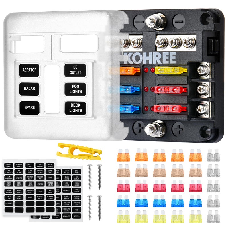 Kohree 6 Way Boat Fuse Block 12V, 12 Volt Marine Fuse Block Waterproof with LED Indicator, Automotive Fuse Box Holder 12V/24V with Negative Bus 30 PCS Fuses Panel for RV, Car, Boat, Marine - Image 1