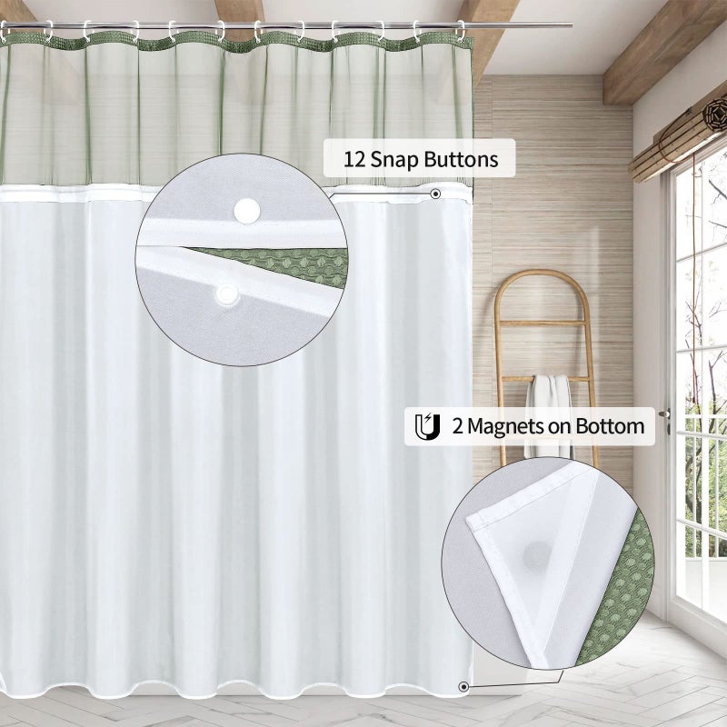 Mitovilla Extra Long 72x84 Startain Startain مع Snap-in Liner Sage Green Waffle XL ثقيلة القماش الستائر دش للدفاع للفنادق الفاخرة الحديثة - Image 2