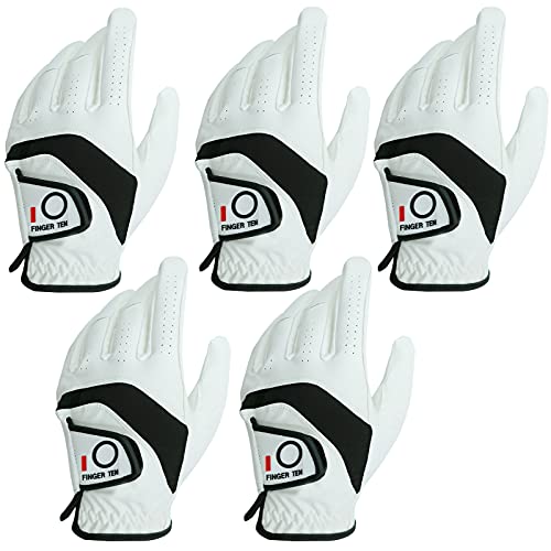 FINGER TEN Golf Gloves Men Left Hand Right Leather 5 Pack Mens Golf Glove for Left Right Handed Golfers All Weather Grip Small Medium ML Large XL (White(Men Gloves), Medium/Large(Worn On Left Hand)) - Image 1