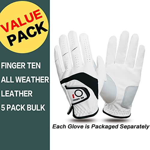 FINGER TEN Golf Gloves Men Left Hand Right Leather 5 Pack Mens Golf Glove for Left Right Handed Golfers All Weather Grip Small Medium ML Large XL (White(Men Gloves), Medium/Large(Worn On Left Hand)) - Image 2