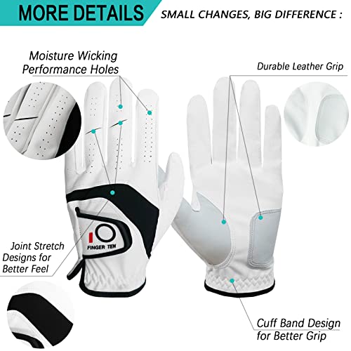 FINGER TEN Golf Gloves Men Left Hand Right Leather 5 Pack Mens Golf Glove for Left Right Handed Golfers All Weather Grip Small Medium ML Large XL (White(Men Gloves), Medium/Large(Worn On Left Hand)) - Image 3