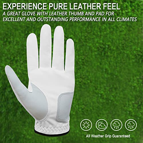 FINGER TEN Golf Gloves Men Left Hand Right Leather 5 Pack Mens Golf Glove for Left Right Handed Golfers All Weather Grip Small Medium ML Large XL (White(Men Gloves), Medium/Large(Worn On Left Hand)) - Image 4