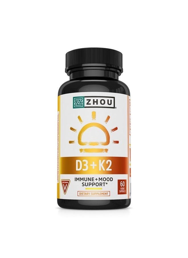 Zhou Nutrition Vitamin D3 K2, Bone and Heart Health Formula 5000 IU Vitamin D3 & 100 mcg Vitamin K2, Max Strength 2 in 1 Immune Support and Calcium Absorption, Gluten Free, 60 Count  - Image 1