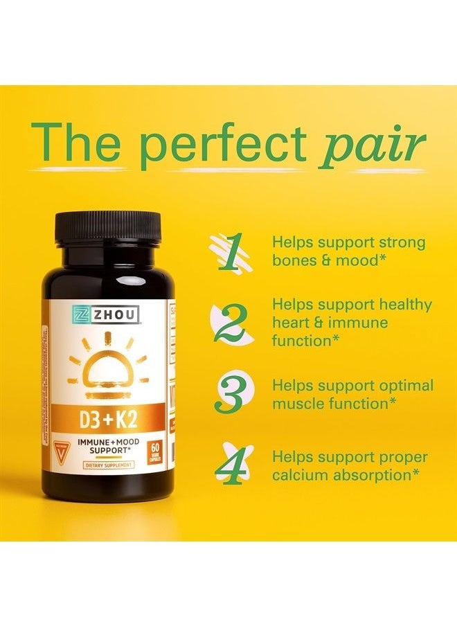 Zhou Nutrition Vitamin D3 K2, Bone and Heart Health Formula 5000 IU Vitamin D3 & 100 mcg Vitamin K2, Max Strength 2 in 1 Immune Support and Calcium Absorption, Gluten Free, 60 Count  - Image 3