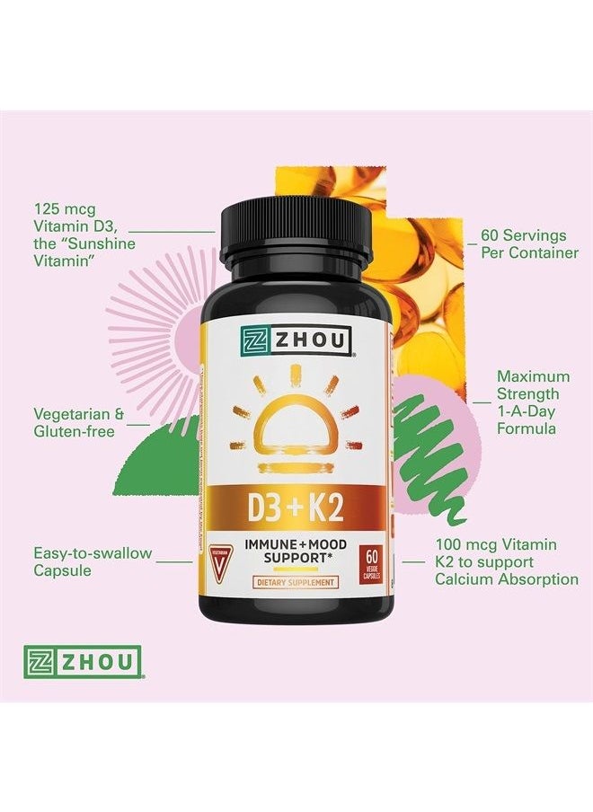 Zhou Nutrition Vitamin D3 K2, Bone and Heart Health Formula 5000 IU Vitamin D3 & 100 mcg Vitamin K2, Max Strength 2 in 1 Immune Support and Calcium Absorption, Gluten Free, 60 Count  - Image 4