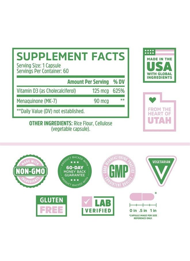 Zhou Nutrition Vitamin D3 K2, Bone and Heart Health Formula 5000 IU Vitamin D3 & 100 mcg Vitamin K2, Max Strength 2 in 1 Immune Support and Calcium Absorption, Gluten Free, 60 Count  - Image 2