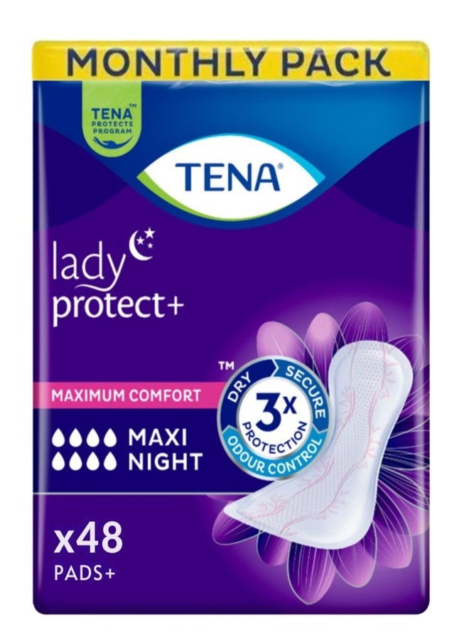 TENA Lady Protect+ Maxi Night Pad Style | Incontinence Lady Pads | Upto 12 Hrs Dryness | Night Pads| Lie Down & Triple Protection from leaks, odour and moisture | Dermatologically Tested | Length 39.4 cm | 6 Units × 8 | 48 Units - Image 1