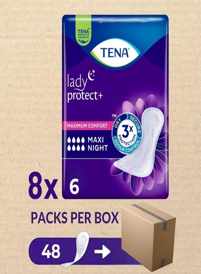 TENA Lady Protect+ Maxi Night Pad Style | Incontinence Lady Pads | Upto 12 Hrs Dryness | Night Pads| Lie Down & Triple Protection from leaks, odour and moisture | Dermatologically Tested | Length 39.4 cm | 6 Units × 8 | 48 Units - Image 2