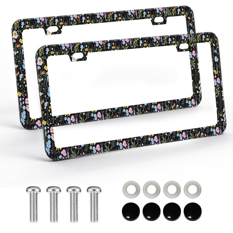 Pcnjozx 2PCS Floral License Plate Frames for Women Men Stainless Steel Decorative License Plate Holder Colorful Flower Car Accessories RustProof Universal Fit for Standard US Plates - Image 3