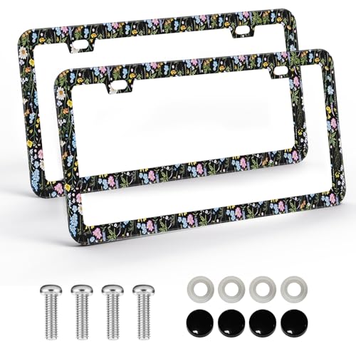 Pcnjozx 2PCS Floral License Plate Frames for Women Men Stainless Steel Decorative License Plate Holder Colorful Flower Car Accessories RustProof Universal Fit for Standard US Plates - Image 1