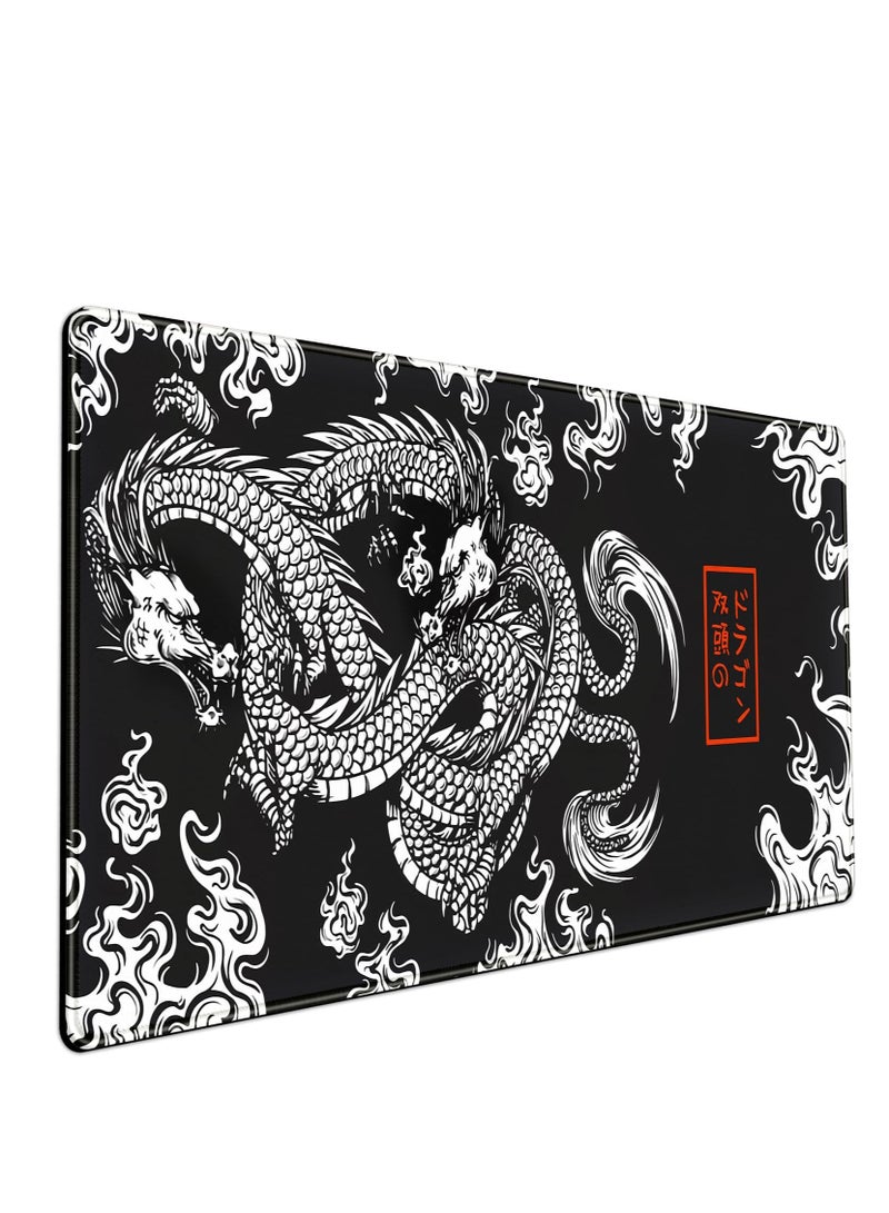 Black Mechanical Mouse Pad Japanese Dragon Design White XL Large Black Mouse Pad Anime Design Large Gaming Mouse Pad for Men Desk Pad with Stitched Edges and Large Non-Slip Computer Mat, 70 x 30 cm x 2 mm - Suitable for Gamers, Designers, Programmers  - Image 1