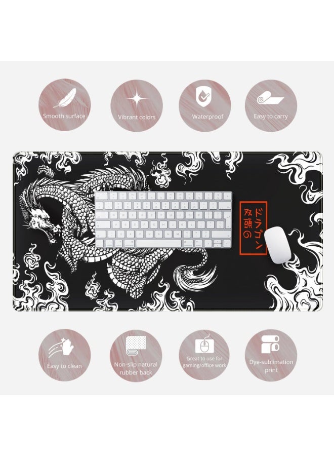 Black Mechanical Mouse Pad Japanese Dragon Design White XL Large Black Mouse Pad Anime Design Large Gaming Mouse Pad for Men Desk Pad with Stitched Edges and Large Non-Slip Computer Mat, 70 x 30 cm x 2 mm - Suitable for Gamers, Designers, Programmers  - Image 3