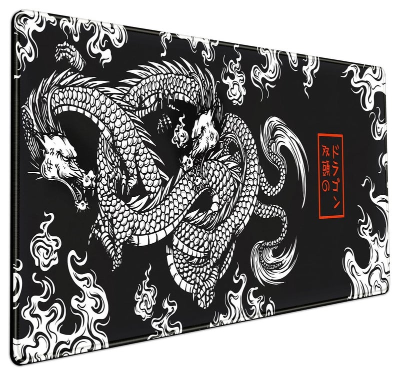 لوحة ماوس ميكانيكية سوداء بتصميم تنين ياباني أبيض XL لوحة ماوس كبيرة سوداء بتصميم أنمي لوحة ماوس كبيرة للألعاب للرجال لوحة مكتب بحواف مخيطة وبساط كمبيوتر كبير غير قابل للانزلاق، 70 × 30 سم × 2 مم - مناسبة لمحبي الألعاب، المصممين، والمبرمجين - Image 1