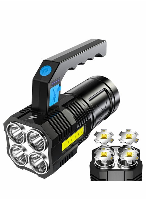 Rechargeable LED Flashlight, Ultra Bright Handheld Torch for Outdoor Camping and Emergencies, 4 LED Zoomable Waterproof USB Searchlight with COB Work Light Function.
