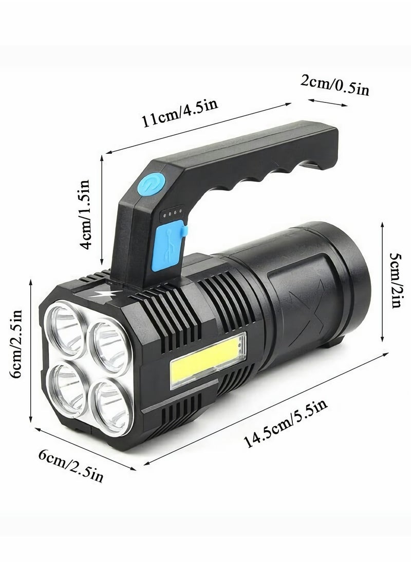 Rechargeable LED Flashlight, Ultra Bright Handheld Torch for Outdoor Camping and Emergencies, 4 LED Zoomable Waterproof USB Searchlight with COB Work Light Function.