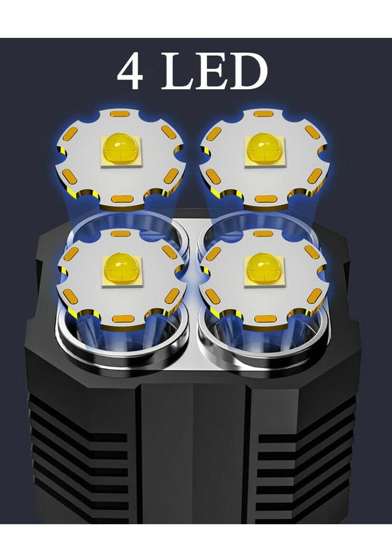 Rechargeable LED Flashlight, Ultra Bright Handheld Torch for Outdoor Camping and Emergencies, 4 LED Zoomable Waterproof USB Searchlight with COB Work Light Function.