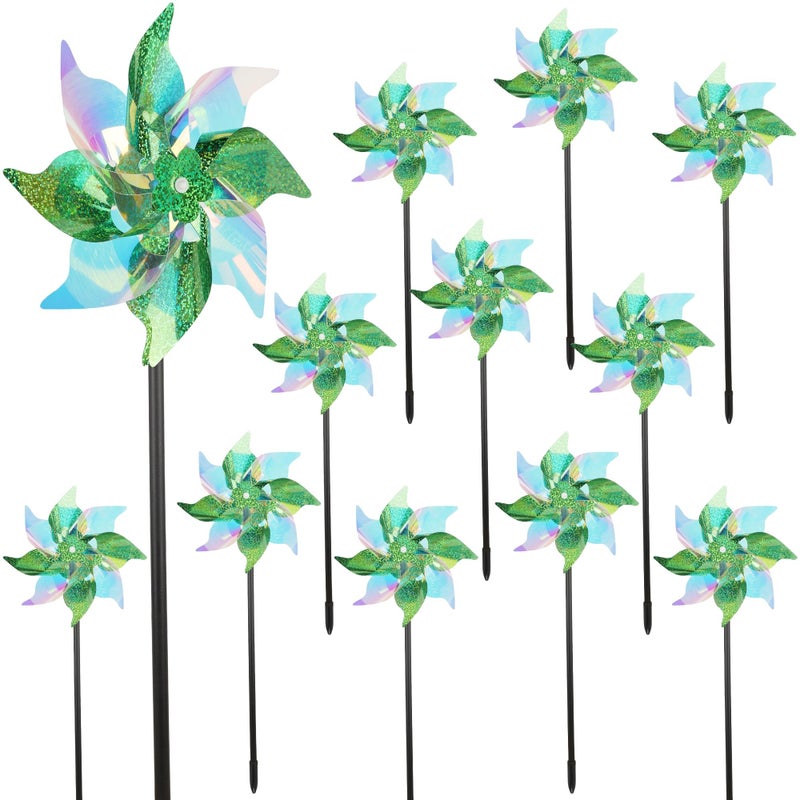 winemana 12 Pcs Reflective Pinwheels Outdoor Wind Spinners for Yard  Garden Sparkly Bird Repellent Windmill Scare Birds Away Deterrent Devices for Outside Patio Lawn Spring Decor Green