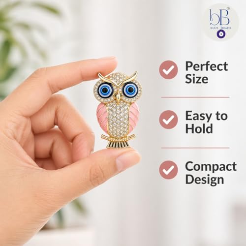 BLUE BEADS Gold with Evil Eye Crystal Rhinestone Sparkling Owl Fridge Sticker Magnet - Sign of Good Luck & Protection (Pink) - Image 2