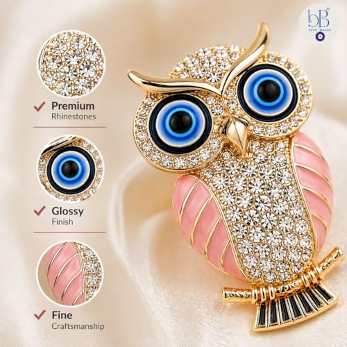 BLUE BEADS Gold with Evil Eye Crystal Rhinestone Sparkling Owl Fridge Sticker Magnet - Sign of Good Luck & Protection (Pink) - Image 4