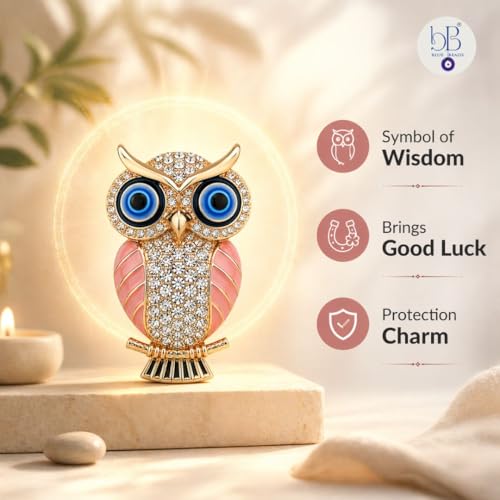 BLUE BEADS Gold with Evil Eye Crystal Rhinestone Sparkling Owl Fridge Sticker Magnet - Sign of Good Luck & Protection (Pink) - Image 5