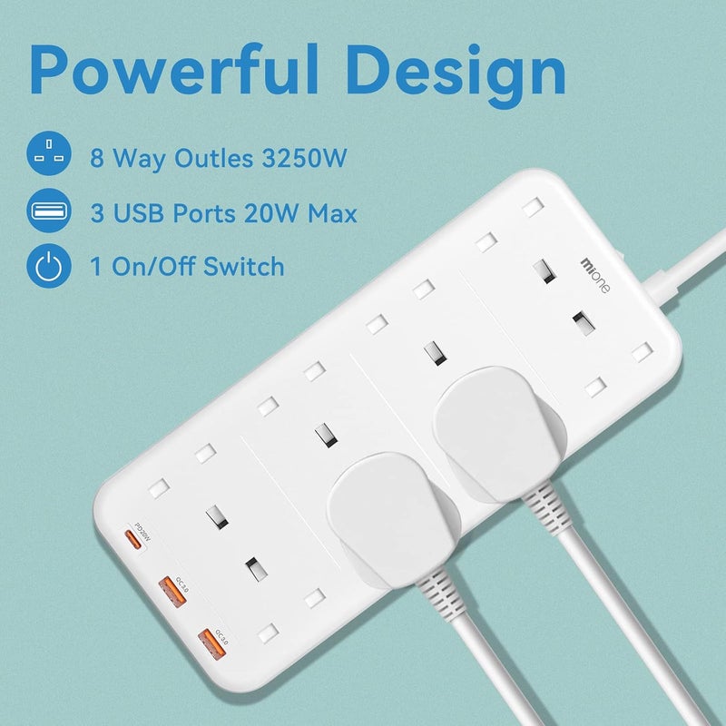 MiOne Extension Cord 8 Way with USB C, 3250W / 13A Power Socket with 3 Fast Charging USB Ports, UK Multi-Plug Extension Cord with Switch, Home Office Kitchen (mis05-bt) - Image 2