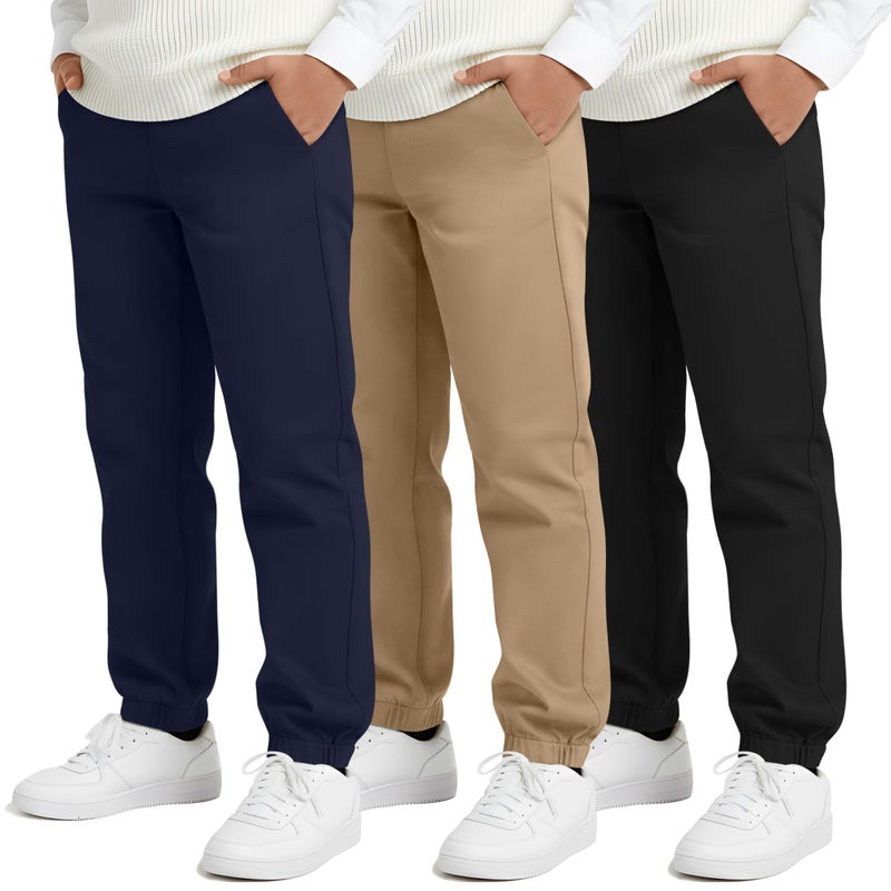 LessonZoo 3 Pack Boys Uniform Jogger Pants School Wear Elastic Waist Pull-on Stretchy Pants with Pockets for Kids 6-14 Years(Navy Blue, Khaki, Black,13-14 Years) - Image 1