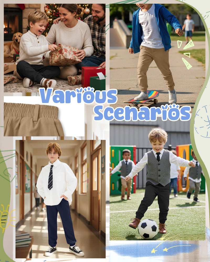 LessonZoo 3 Pack Boys Uniform Jogger Pants School Wear Elastic Waist Pull-on Stretchy Pants with Pockets for Kids 6-14 Years(Navy Blue, Khaki, Black,13-14 Years) - Image 2