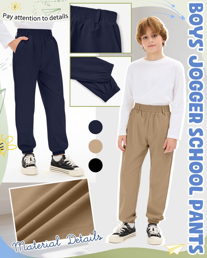 LessonZoo 3 Pack Boys Uniform Jogger Pants School Wear Elastic Waist Pull-on Stretchy Pants with Pockets for Kids 6-14 Years(Navy Blue, Khaki, Black,13-14 Years) - Image 4