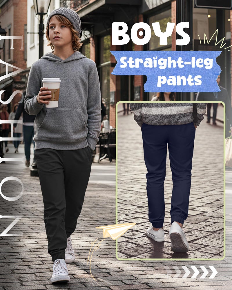 LessonZoo 3 Pack Boys Uniform Jogger Pants School Wear Elastic Waist Pull-on Stretchy Pants with Pockets for Kids 6-14 Years(Navy Blue, Khaki, Black,13-14 Years) - Image 3