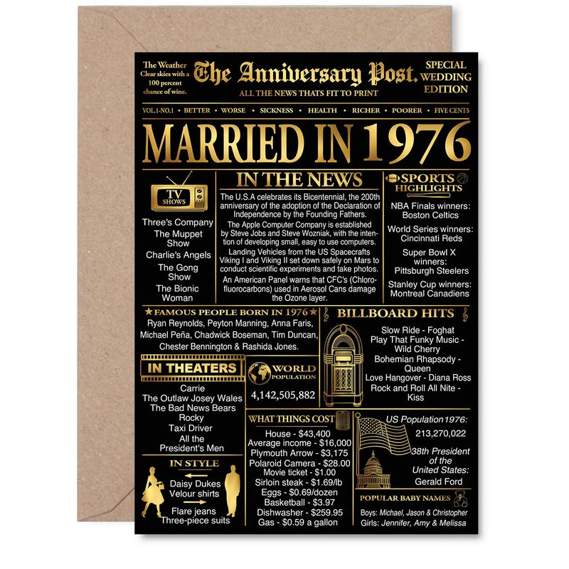 Stuff4 Gold 50th Anniversary Card for Men Women - Golden Newspaper Married in 1976-50 Year Wedding Anniversary Card for Partner Wife Companion Husband  A5 Anniversaries Greeting Cards - Image 1