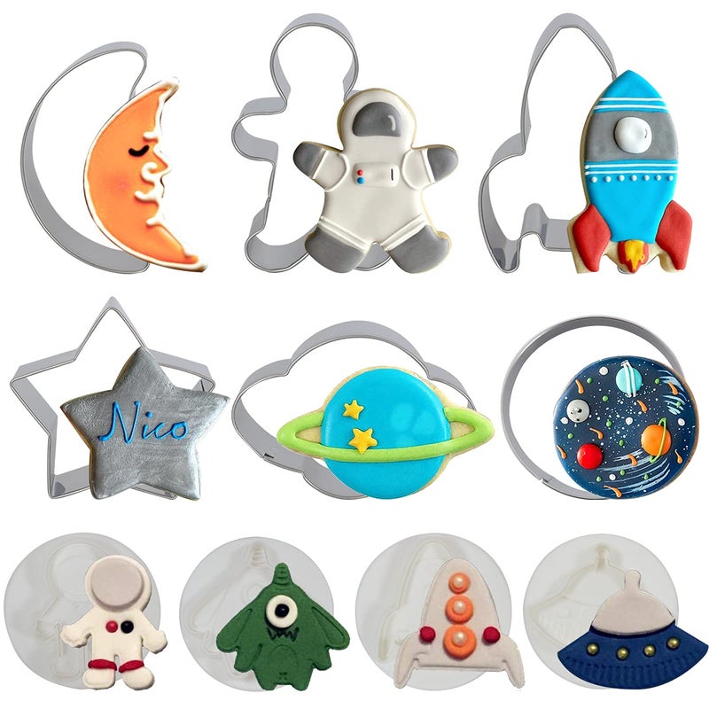 Space Cookie Cutters Outer Space Fondant Stamper Set Spaceship Astronaut Rocket Moon Star Planet Circle Pastry Biscuit Cake Baking Mold for Party Supplies