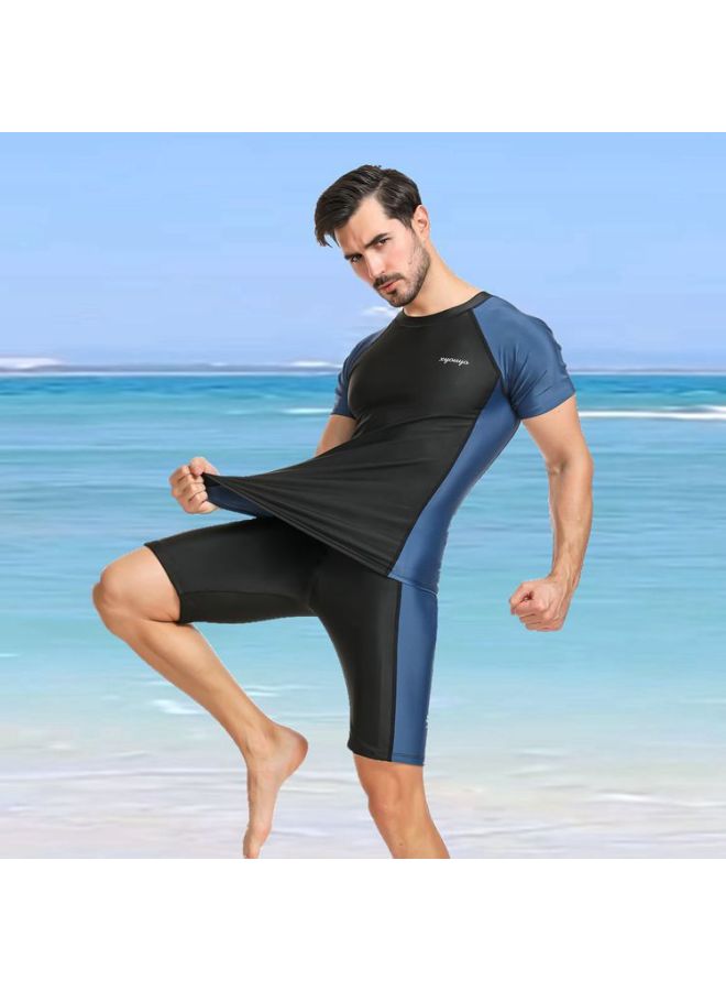 إسكدنيا بدلة سباحة للرجال بدلة سباحة رياضية مقسمة مقاس كبير سراويل سباحة خمس نقاط للحماية من الشمس بدلة سباحة للشاطئ - اللون: أسود وأزرق - - Image 5