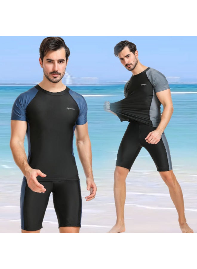 إسكدنيا بدلة سباحة للرجال بدلة سباحة رياضية مقسمة مقاس كبير سراويل سباحة خمس نقاط للحماية من الشمس بدلة سباحة للشاطئ - اللون: أسود وأزرق - - Image 2