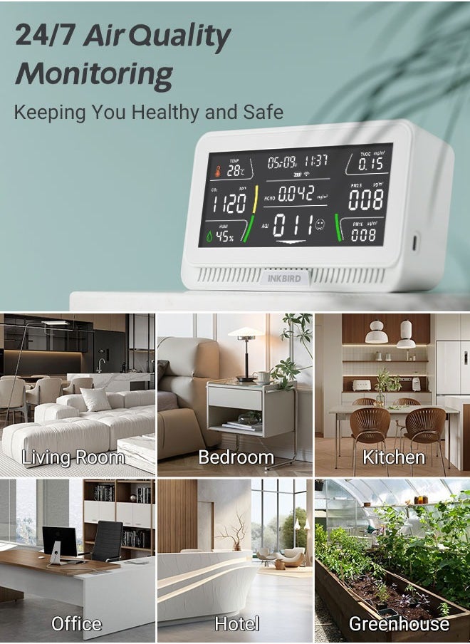 INKBIRD - INKBIRD WiFi Air Quality Monitor Indoor Multifunctional Air Quality Detector IAQM-129-W Indoor Carbon Dioxide/Temperature/Humidity/AQI/HCHO/PM2.5/TVOC/PM10 Monitor for Home Office Hotel - Image 1