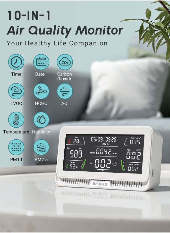 INKBIRD - INKBIRD WiFi Air Quality Monitor Indoor Multifunctional Air Quality Detector IAQM-129-W Indoor Carbon Dioxide/Temperature/Humidity/AQI/HCHO/PM2.5/TVOC/PM10 Monitor for Home Office Hotel - Image 1