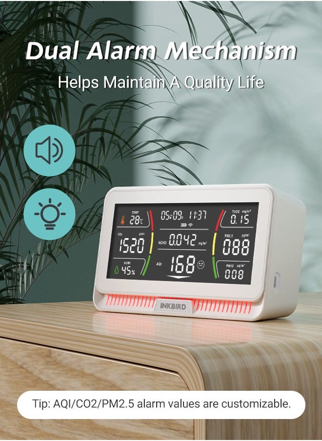 INKBIRD - INKBIRD WiFi Air Quality Monitor Indoor Multifunctional Air Quality Detector IAQM-129-W Indoor Carbon Dioxide/Temperature/Humidity/AQI/HCHO/PM2.5/TVOC/PM10 Monitor for Home Office Hotel - Image 1