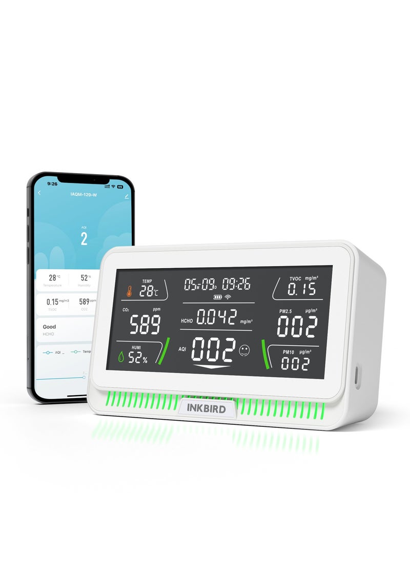 INKBIRD - INKBIRD WiFi Air Quality Monitor Indoor Multifunctional Air Quality Detector IAQM-129-W Indoor Carbon Dioxide/Temperature/Humidity/AQI/HCHO/PM2.5/TVOC/PM10 Monitor for Home Office Hotel - Image 1