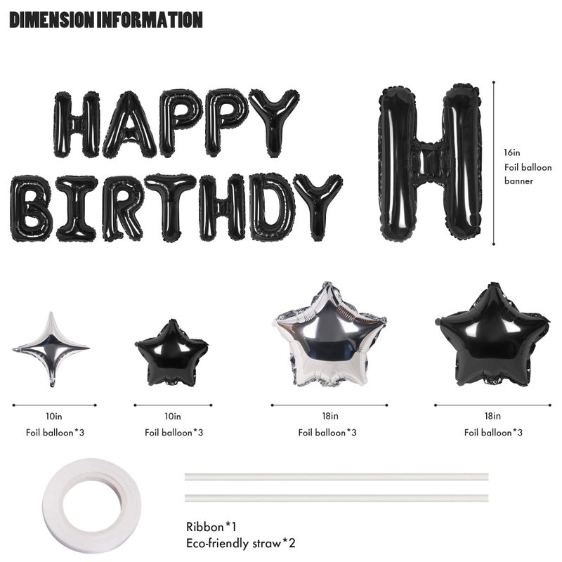 CANREVEL Happy Birthday Banner 13pcs 16 Inch Mylar Foil Letters with 12pcs Star Balloons Birthday Party Decorations - 3D Black - Image 2