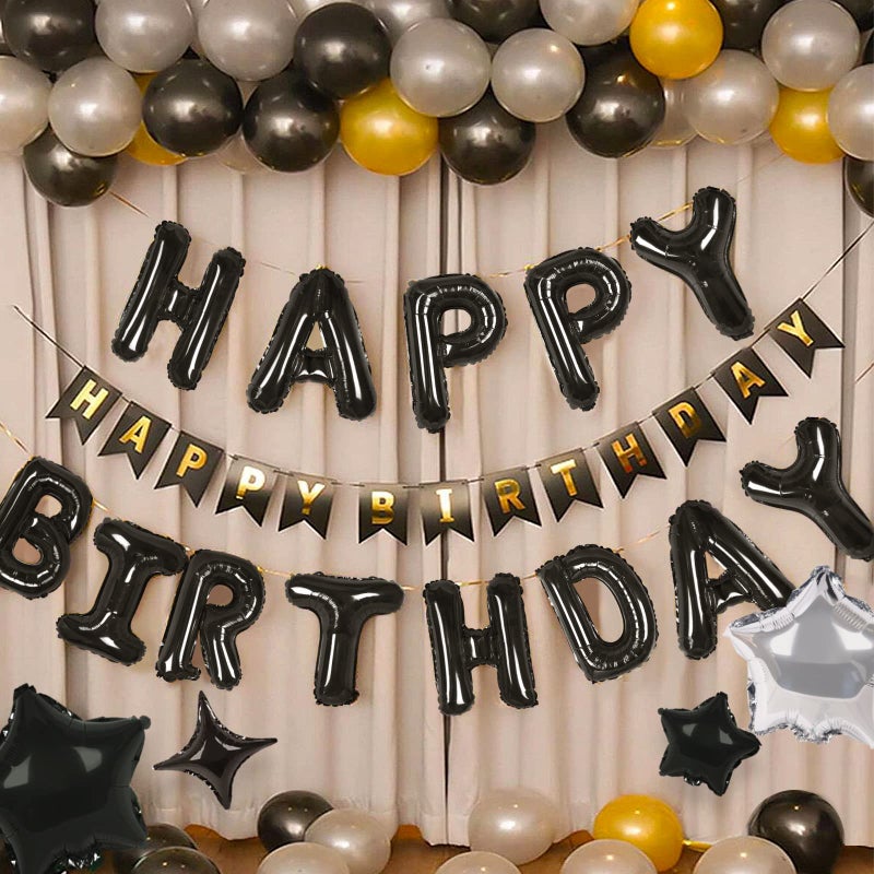 CANREVEL Happy Birthday Banner 13pcs 16 Inch Mylar Foil Letters with 12pcs Star Balloons Birthday Party Decorations - 3D Black - Image 3