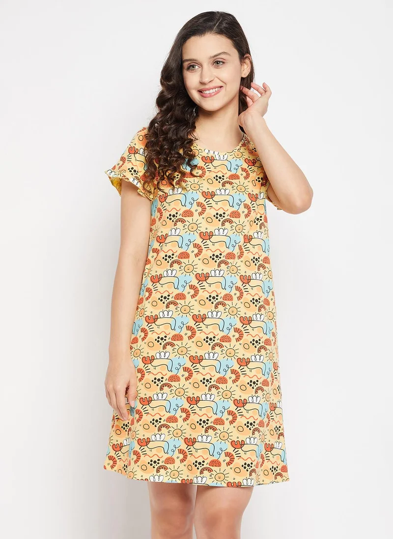 Clovia Clovia Print Me Pretty Short Night Dress in Yellow - 100% Cotton