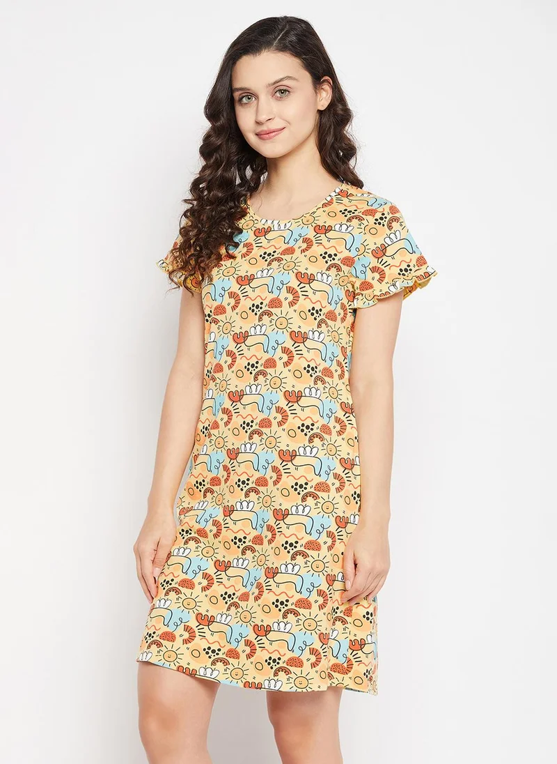 Clovia Clovia Print Me Pretty Short Night Dress in Yellow - 100% Cotton
